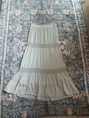Sim And Sam Womens Crinkle Maxi Skirt Medium Sage Crochet Boho Cottage Festival